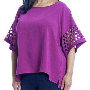Ali Miles Dye Cut Tunic Top Size 1X Women Purple Keyhole Career Boho Hi Low